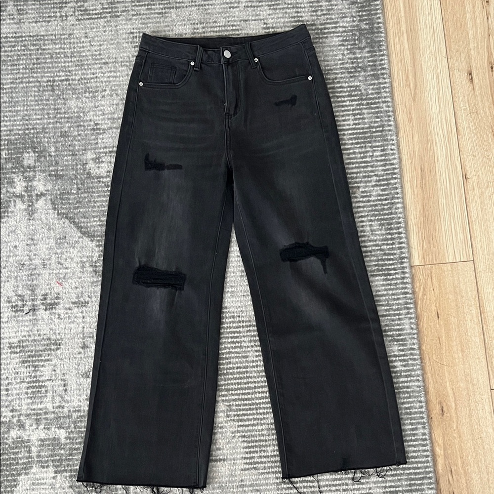 Chic Black Distressed Wide Leg Jeans